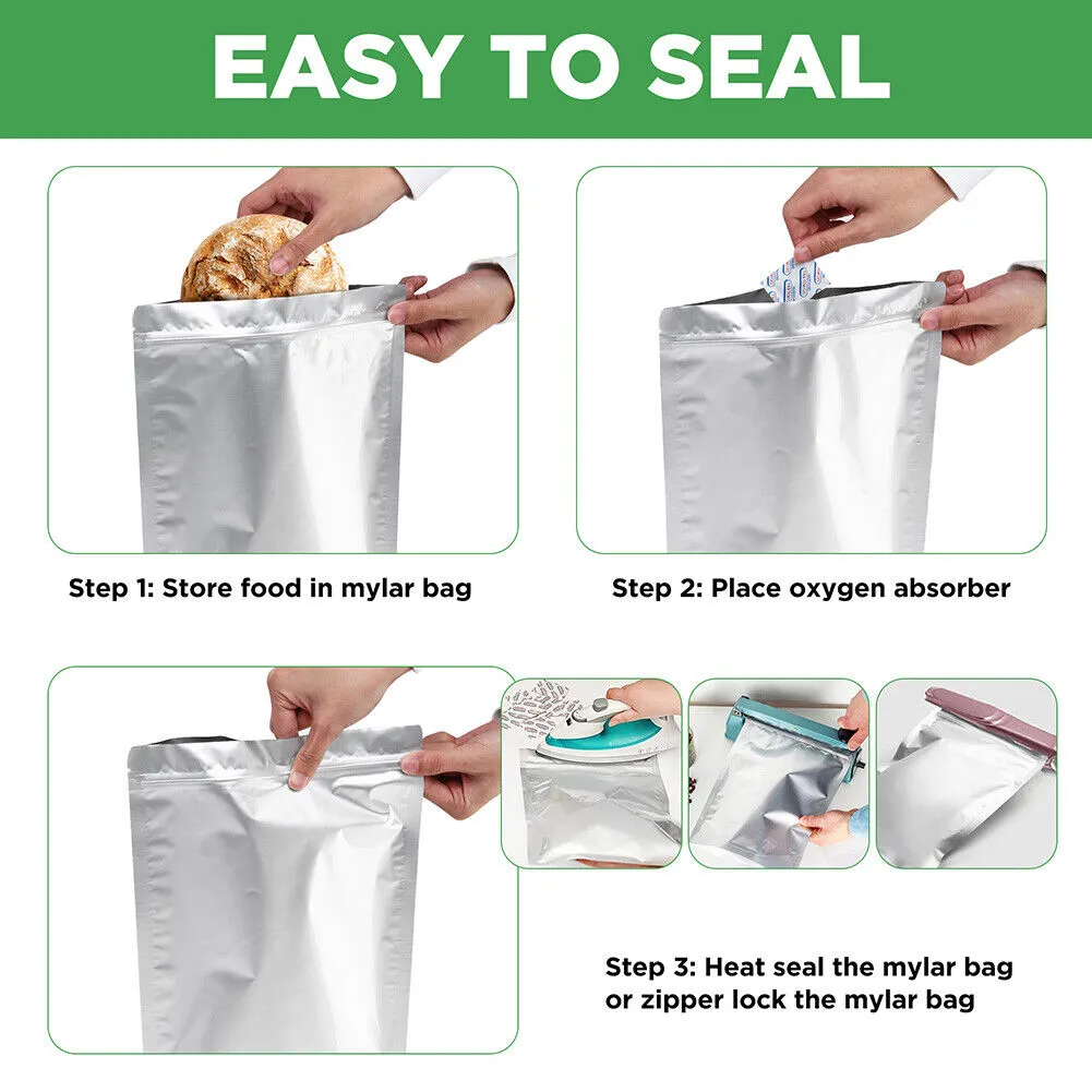 2. Simple food storage bags designed for easy sealing, perfect for keeping items fresh and instructions for sealing Mylar bags.